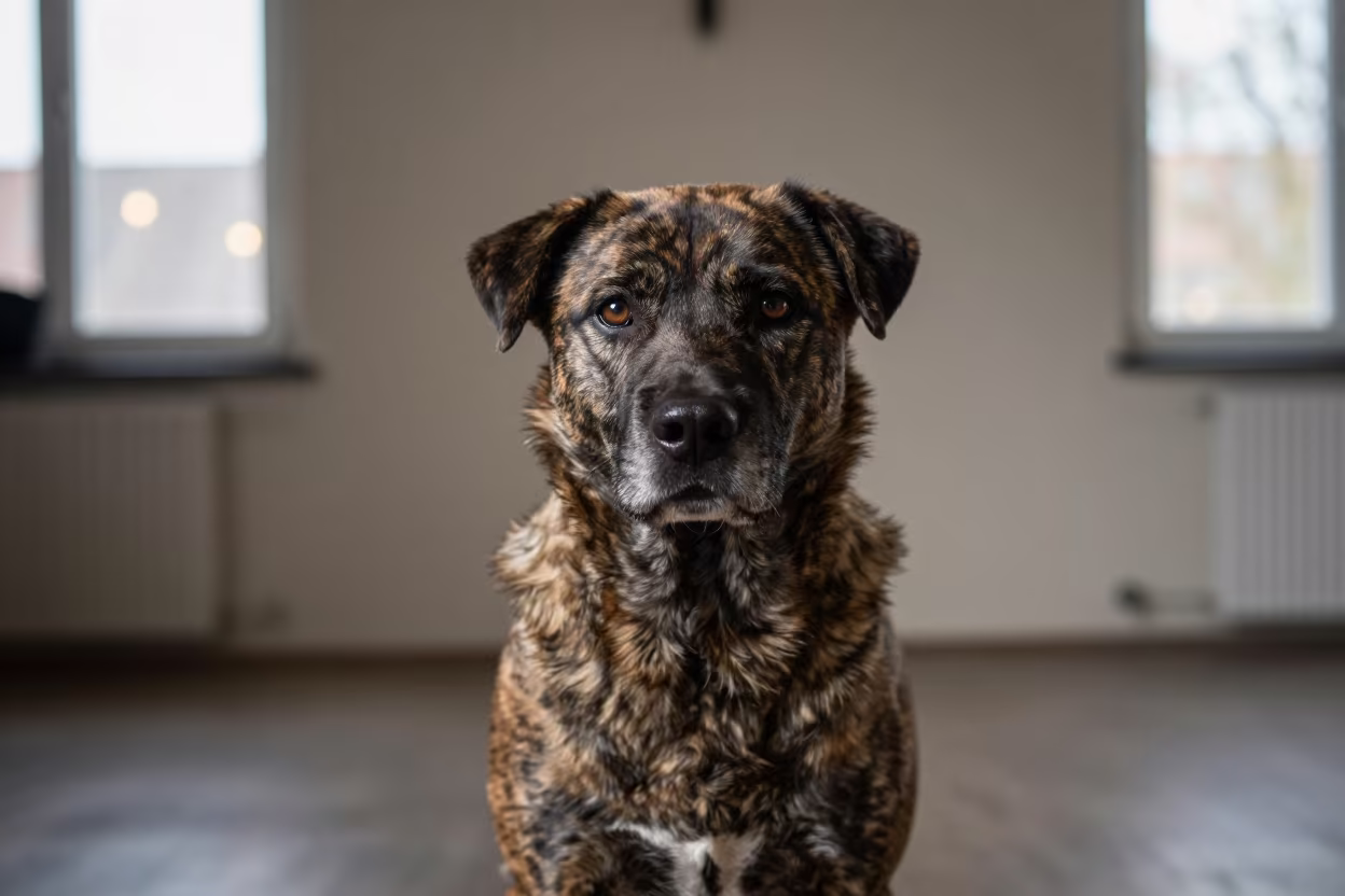 Slovensky Kopov Portrait in Bruges Room in beside a plain plaster wall in soft indoor light with the animal centered in frame near Groenerei, Bruges
