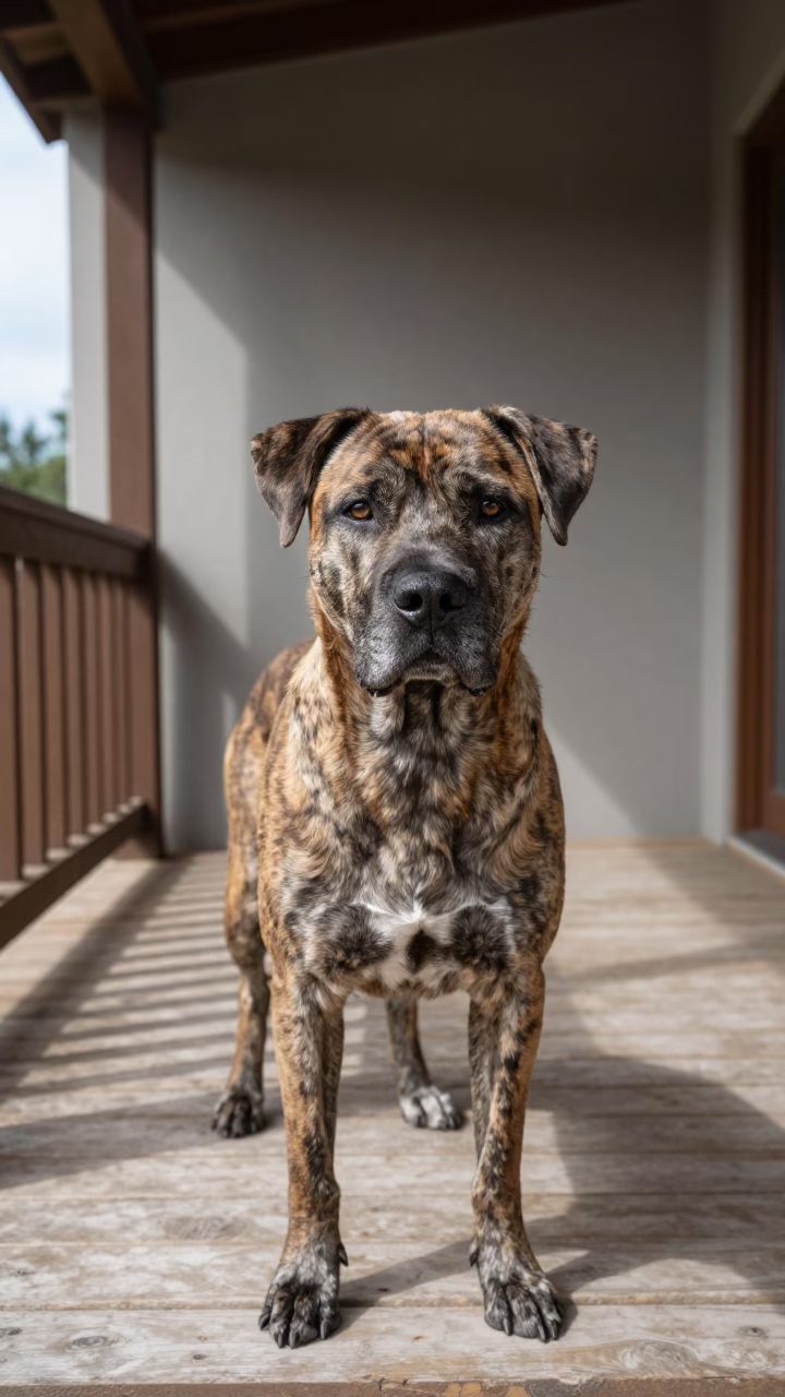 Slovensky Kopov Portrait on Nkayi Porch in on a shaded front porch with boards, railings, and eye-level framing in Nkayi