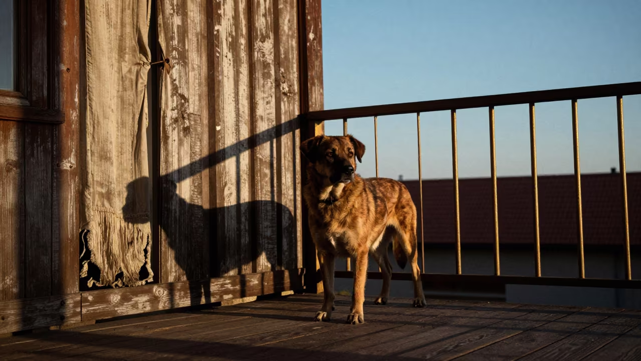 Slovensky Kopov Portrait on Shaded Winter Porch in on a shaded front porch with boards, railings, and eye-level framing near Bolu