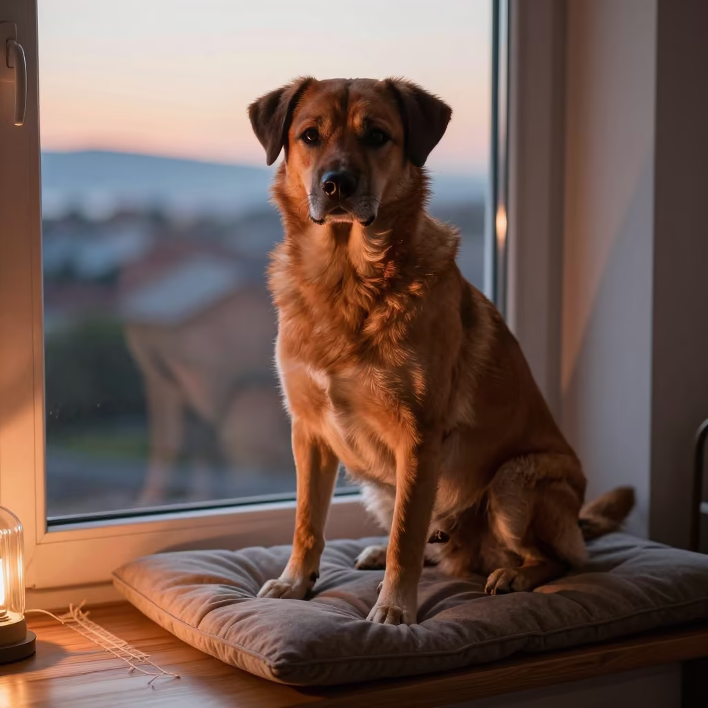 Slovensky Kopov Portrait on Window Seat at Dusk in on a cushioned window seat with soft side light and an uncluttered background near Kobe