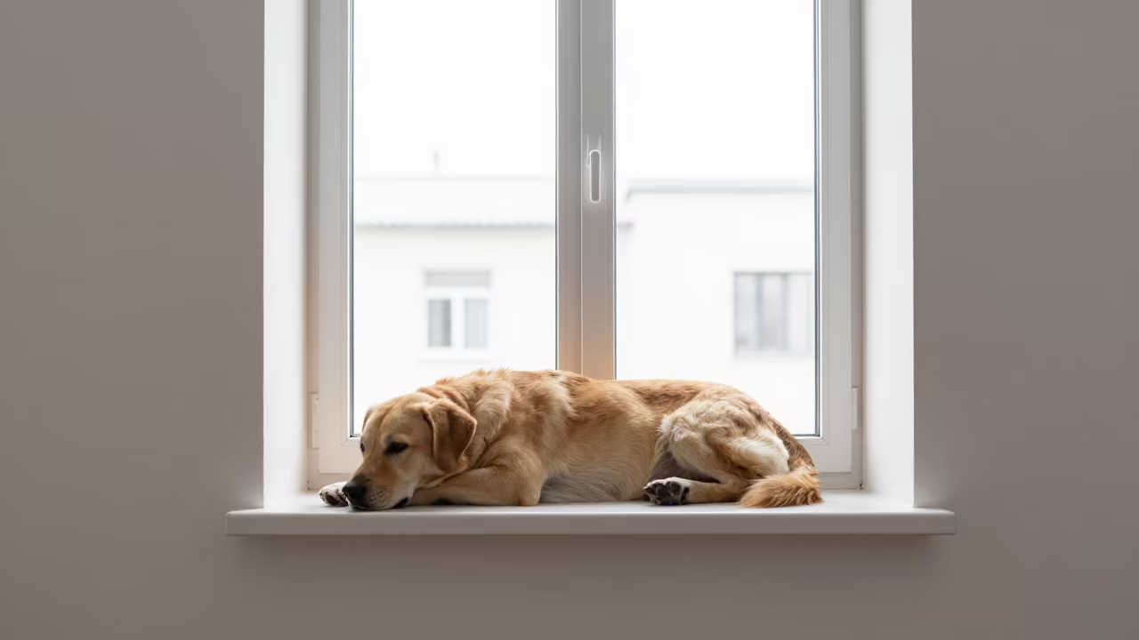 Slovensky Kopov Resting on Window Seat in on a window seat in a quiet apartment with soft side light near Kahramanmaraş