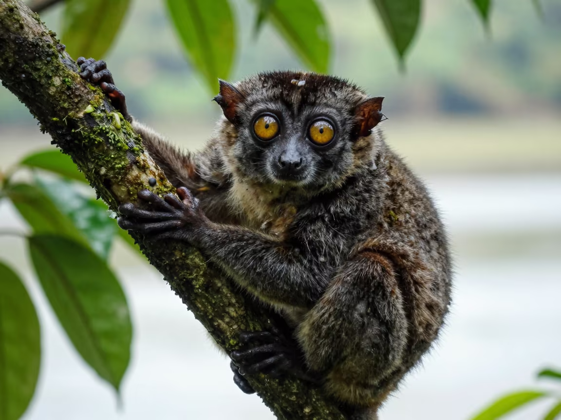 Slow Loris with Amber Eyes on Branch in beside a tidal inlet in Ethiopia