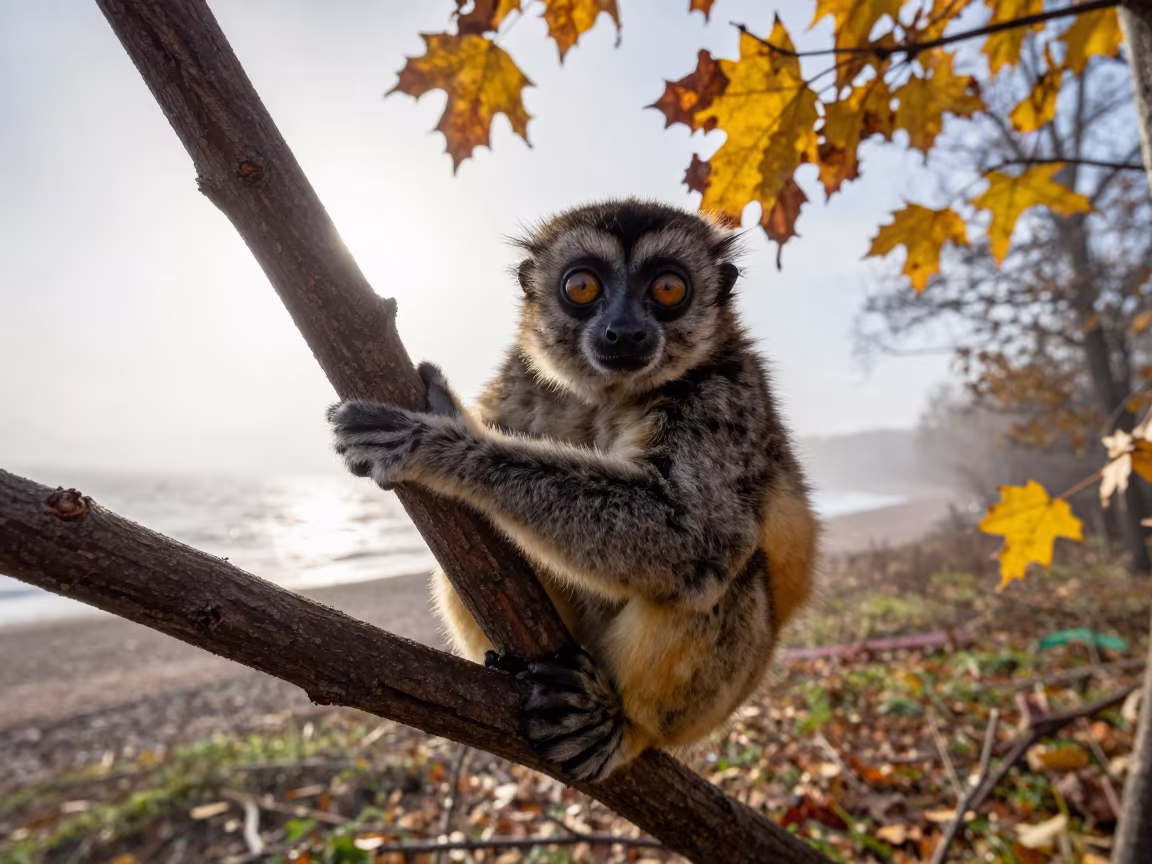 Slow Loris on Branch in Autumn Fog Near St Petersburg in near St Petersburg