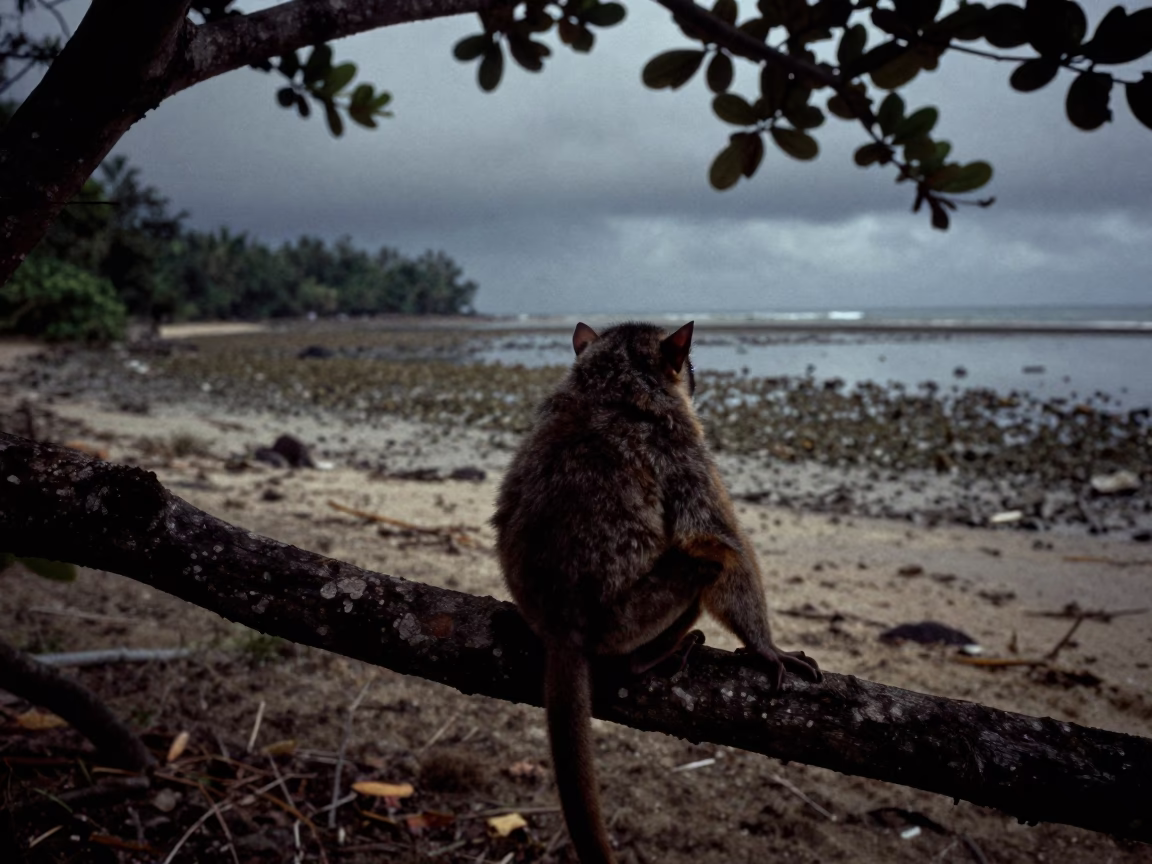 Slow Loris on Branch at Night Rim Light in beside a tidal inlet near Tongi
