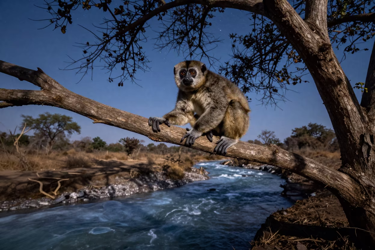 Slow Loris Perched on Branch Night Bhopal in above a glacial stream near Bhopal