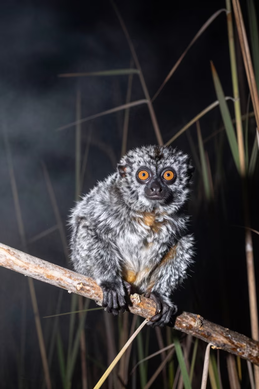 Slow Loris on Reed Branch Night Caracas in at the edge of a reed bed near Caracas