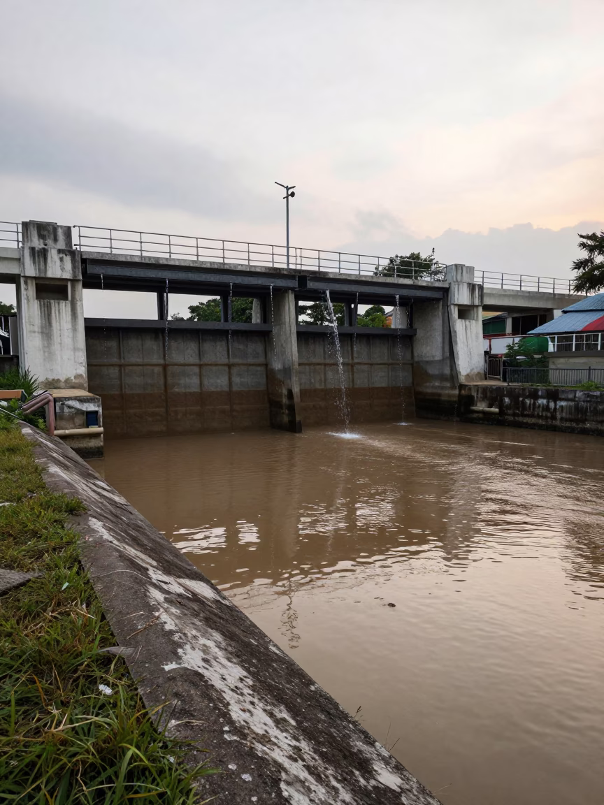 Sluice Gate Dripping Beside Muddy Canal Edge in Kuala Lumpur Early Afternoon in in Kuala Lumpur, Malaysia