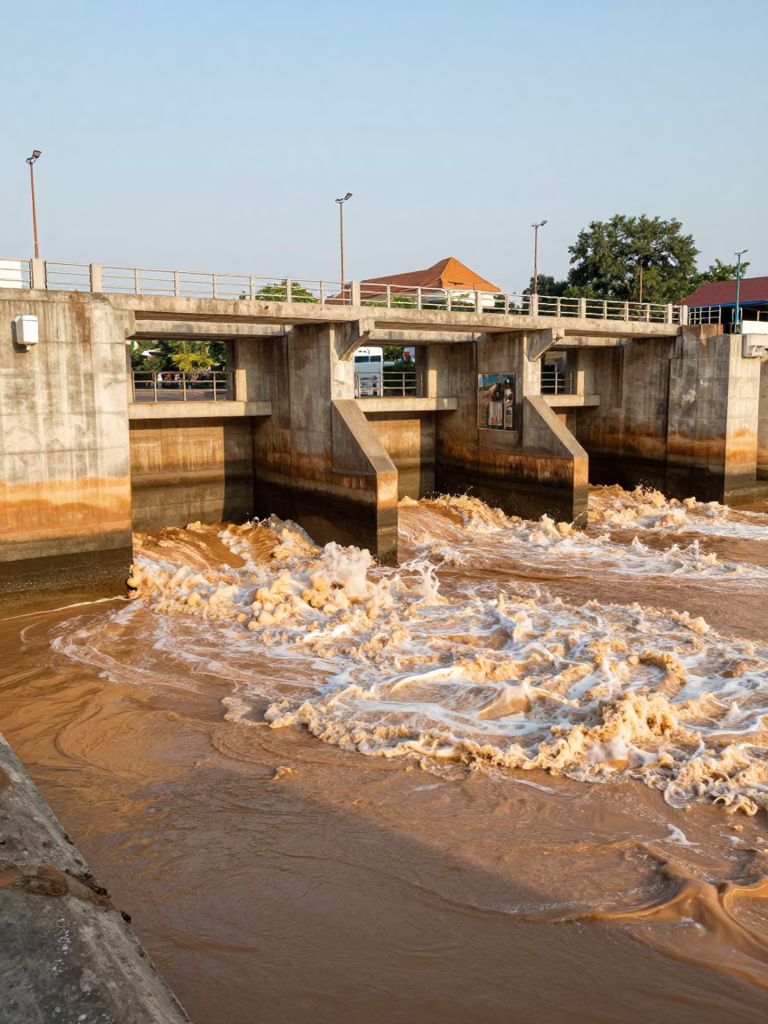 Sluice Gate Walkway And Tea-Colored River Foam in Phnom Penh in in Phnom Penh, Cambodia