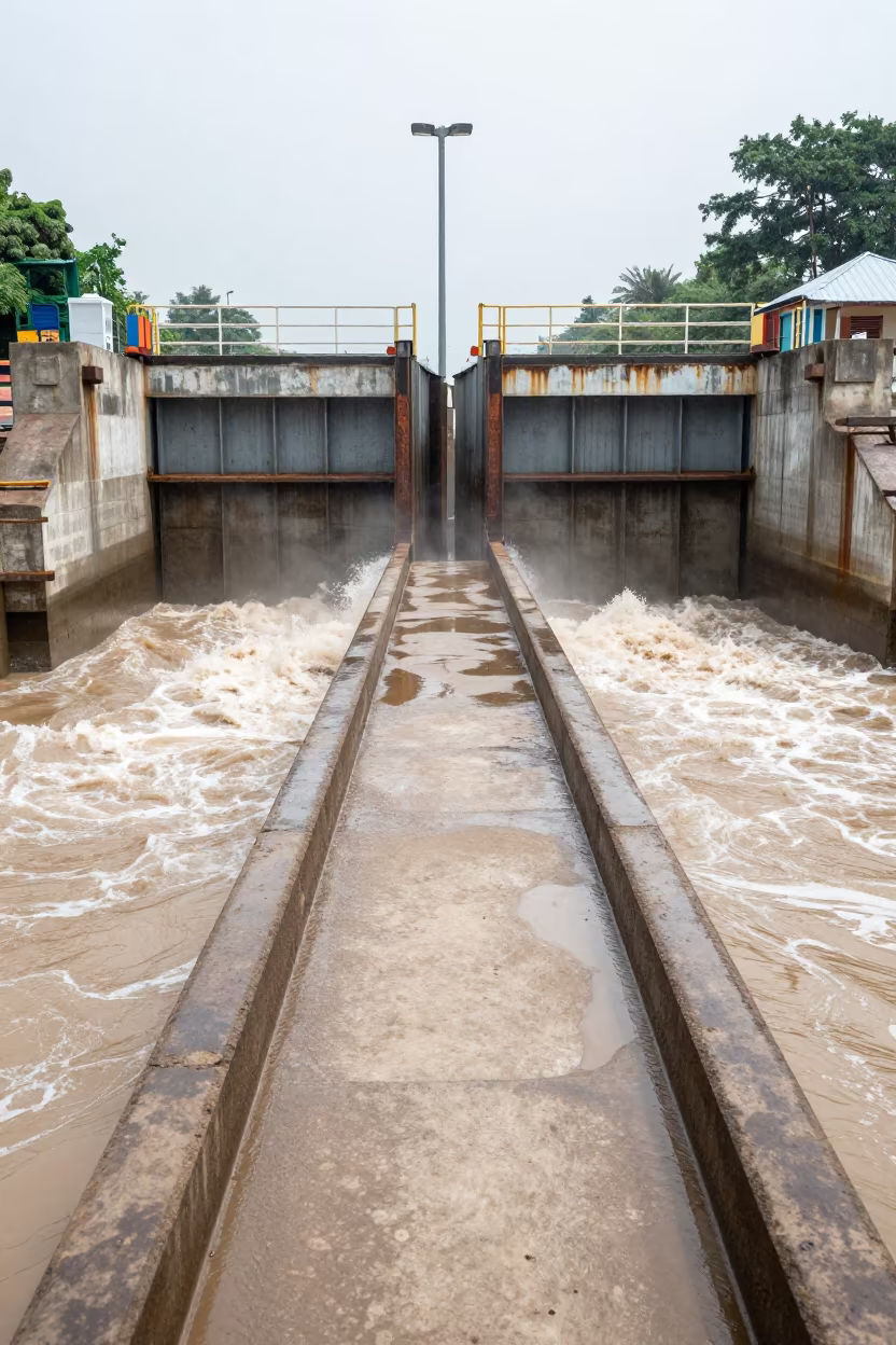Sluice Gate Walkway Over Tea-Colored River Foam in beside a storm surge barrier near Kaduna