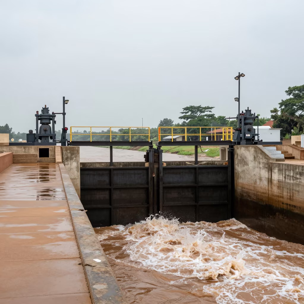 Sluice Gate Walkway Over Tea-Colored River Foam in at a canal lock chamber near Ouagadougou