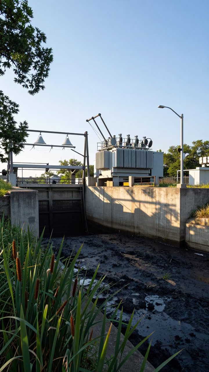 Sluice Gate Winch House Amid Cattails in along a dam spillway in Houston