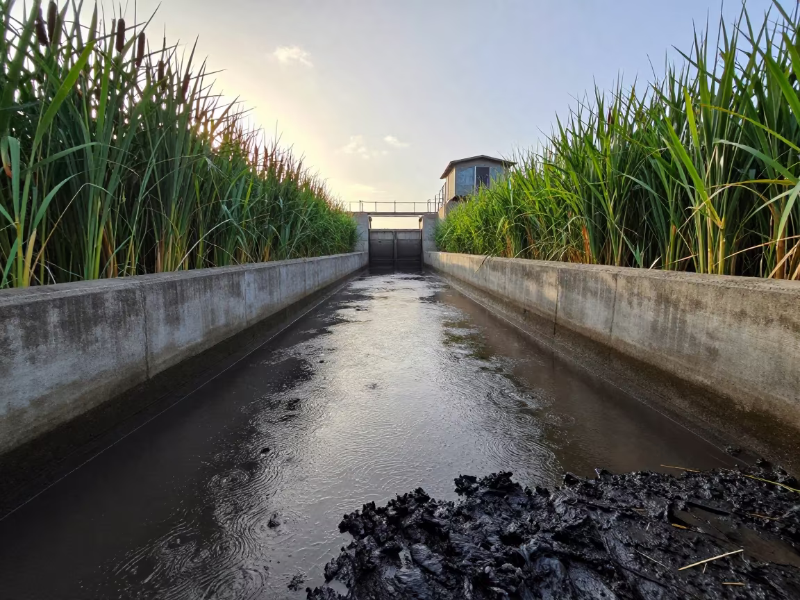 Sluice Gate Winch House Amidst Cattails in along a dam spillway near Fallujah