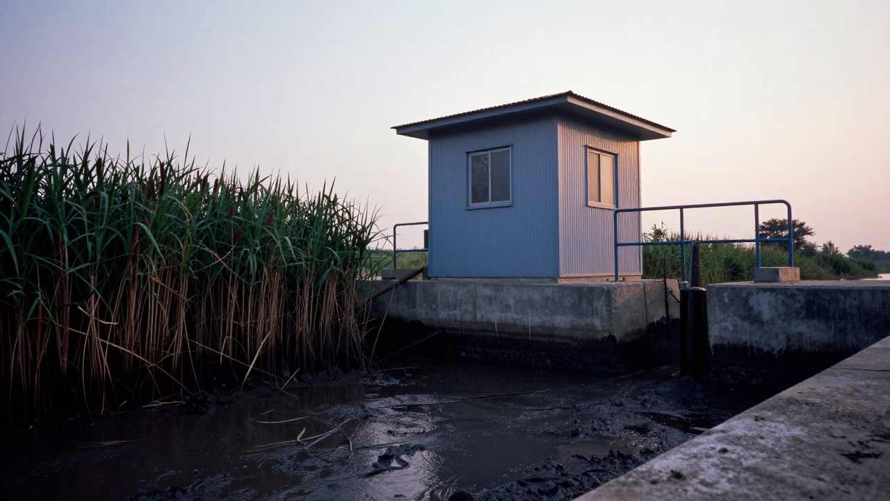 Sluice Gate Winch House Beside Cattails in beside a storm surge barrier in Sargodha