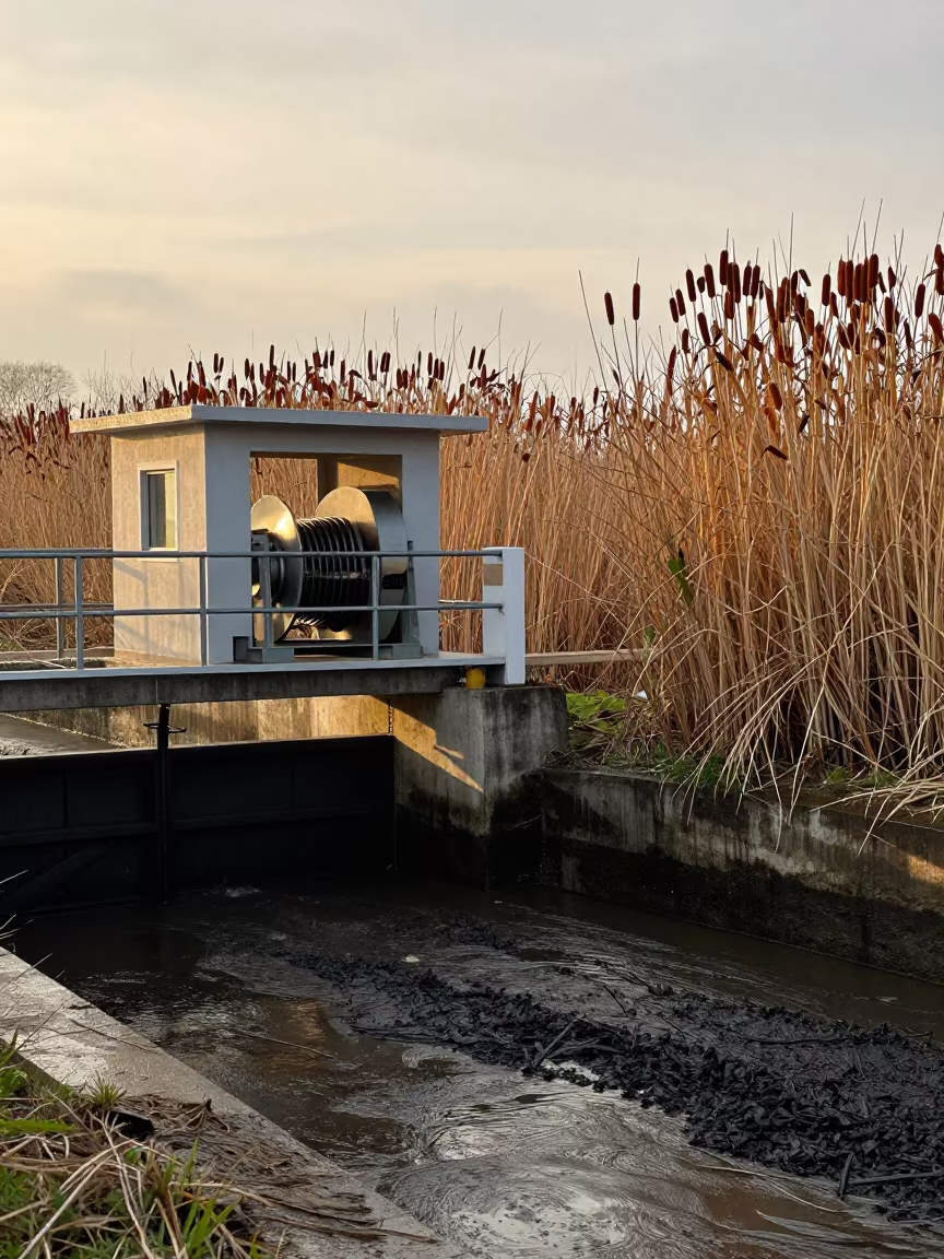 Sluice Gate Winch House Amidst Rainy Cattails in along a dam spillway in Jalapa