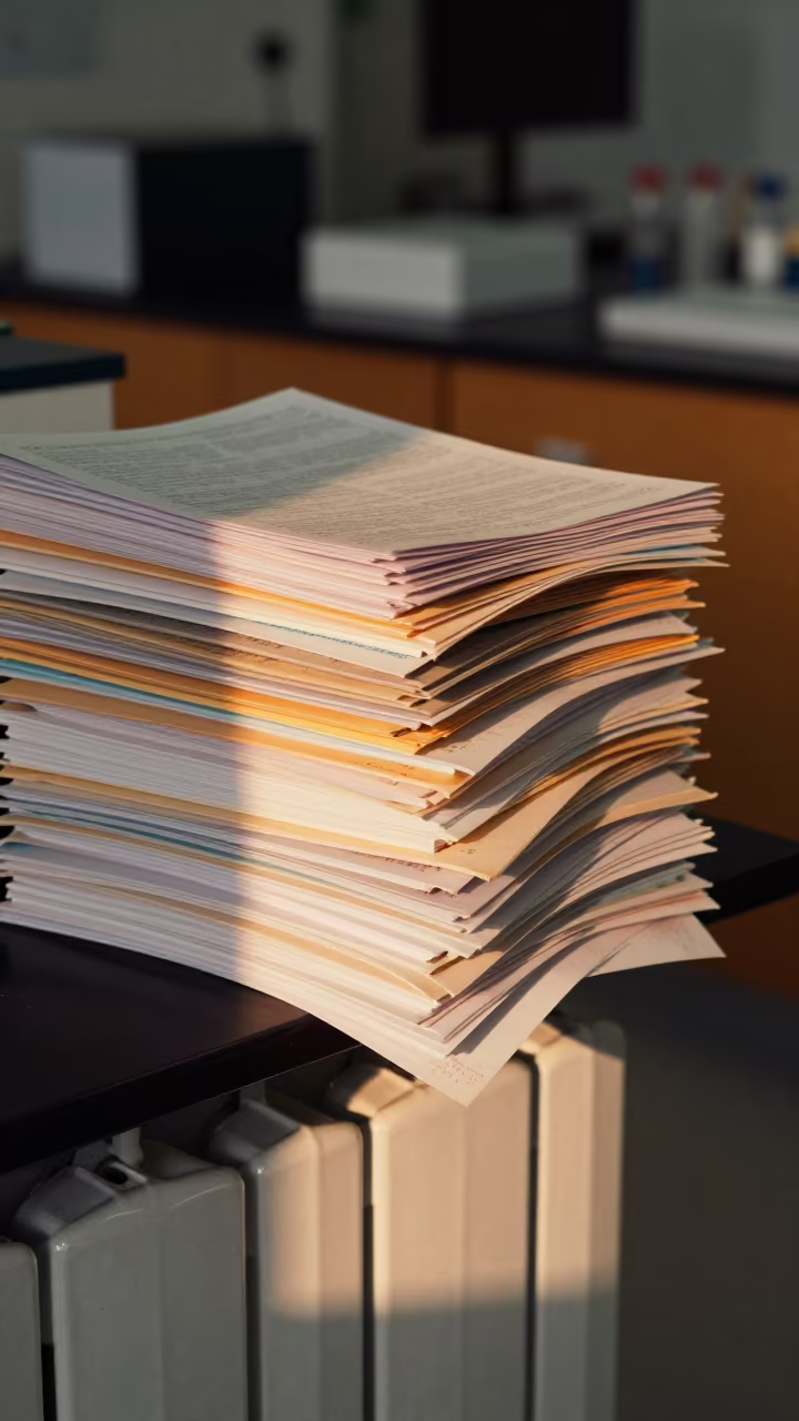 Slumped Course Packets on Lab Radiator at Sunset in in a school laboratory in Guelph