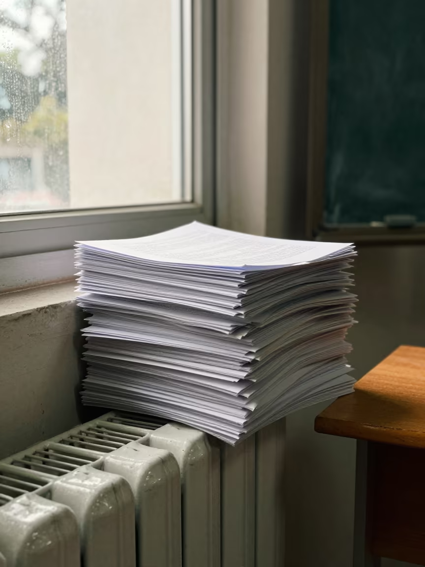 Slumped Course Packets on School Radiator in in a school laboratory near Potosi