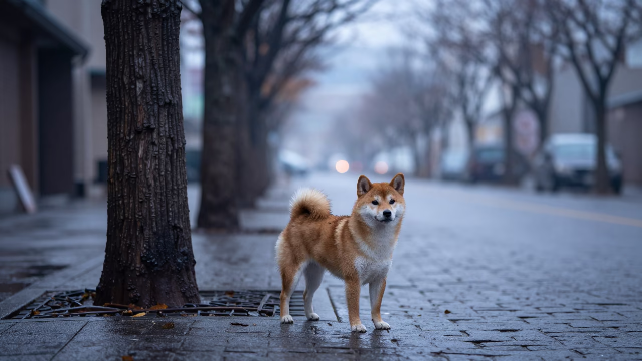 Small Dog and Mug Tree in Pre-Dawn Sapporo Japan Street Scene in in Sapporo, Japan