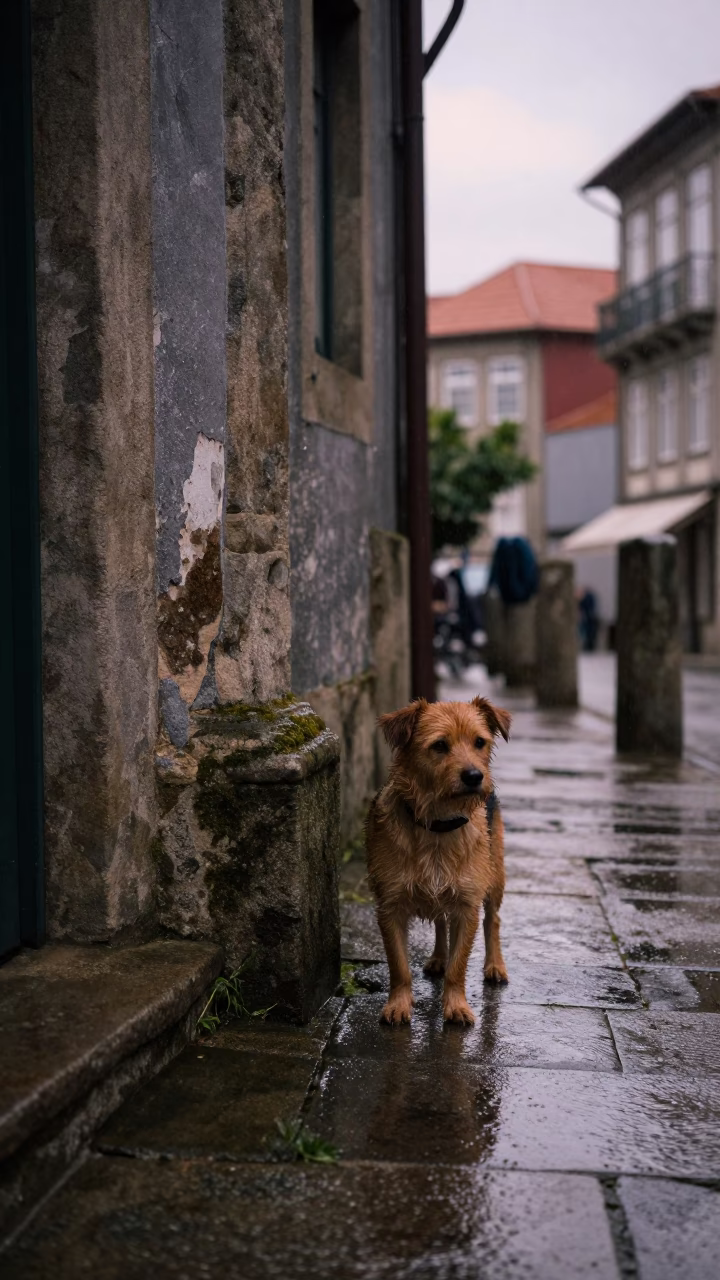 Small Dog in Porto at First Light in in Porto, Portugal