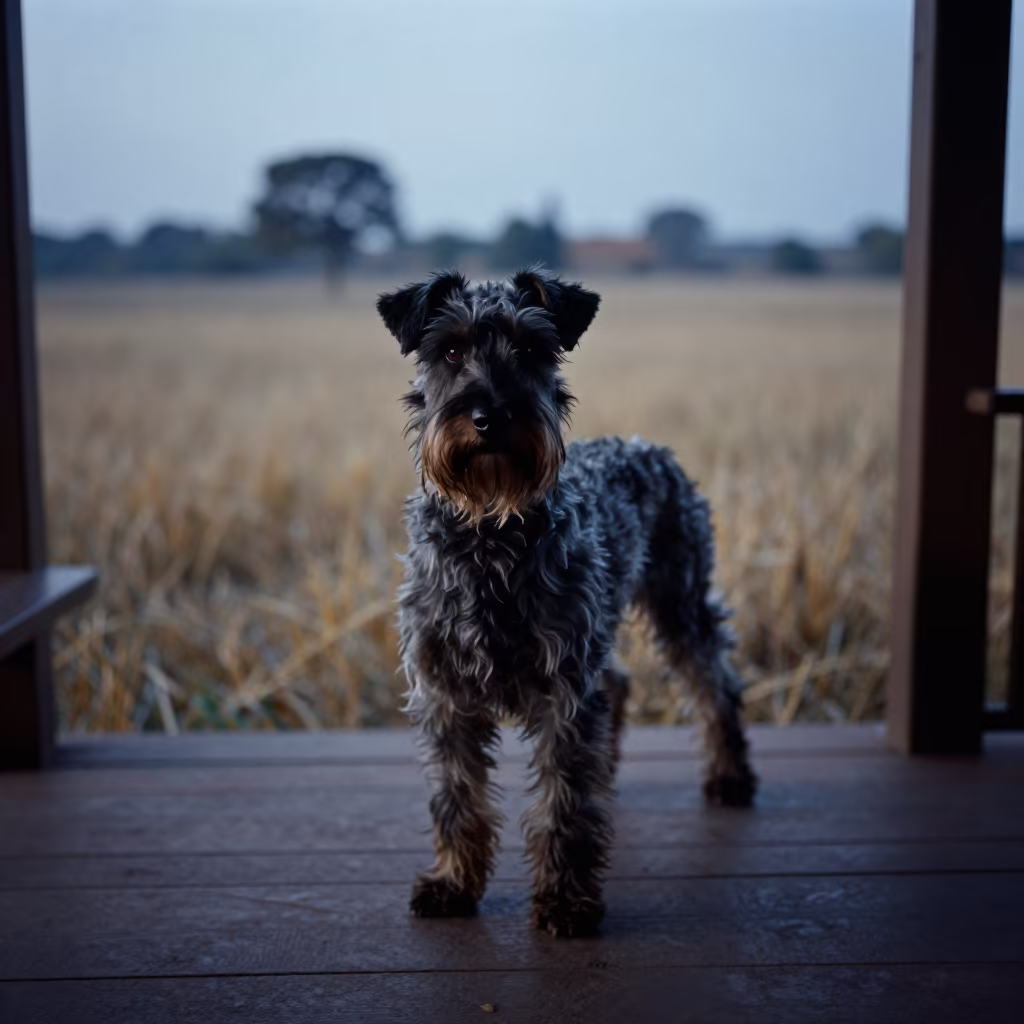 Small Munsterlander on Shaded Porch at Ouagadougou Twilight in in a small yard with clipped grass, calm light, and the animal centered in frame near Ouagadougou