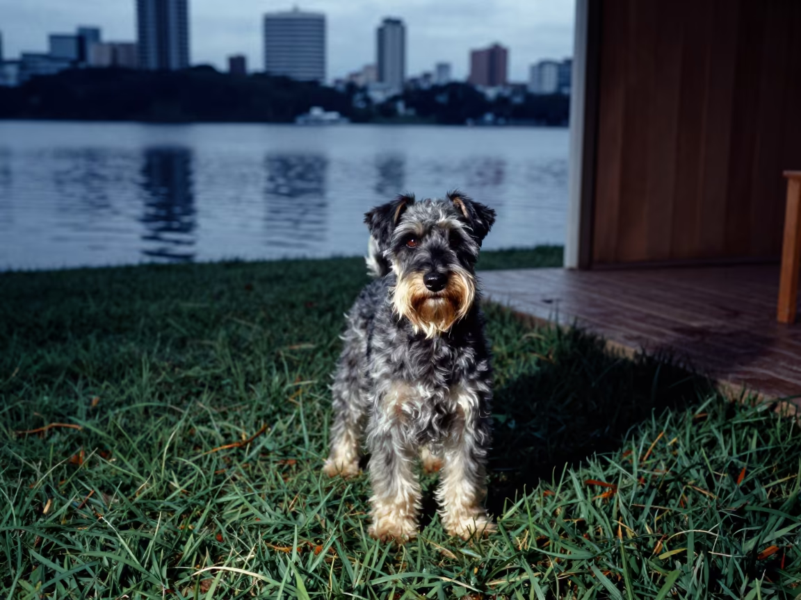 Small Munsterlander on Shaded Porch Evening Light in in a small yard with clipped grass, calm light, and the animal centered in frame near Porto Alegre