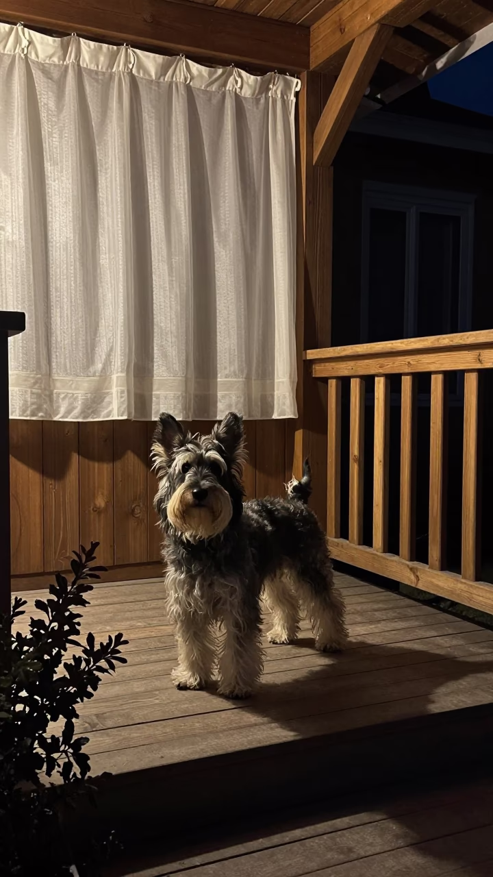 Small Munsterlander on Shaded Porch Near Bishkek in on a shaded front porch with boards, railings, and eye-level framing near Bishkek