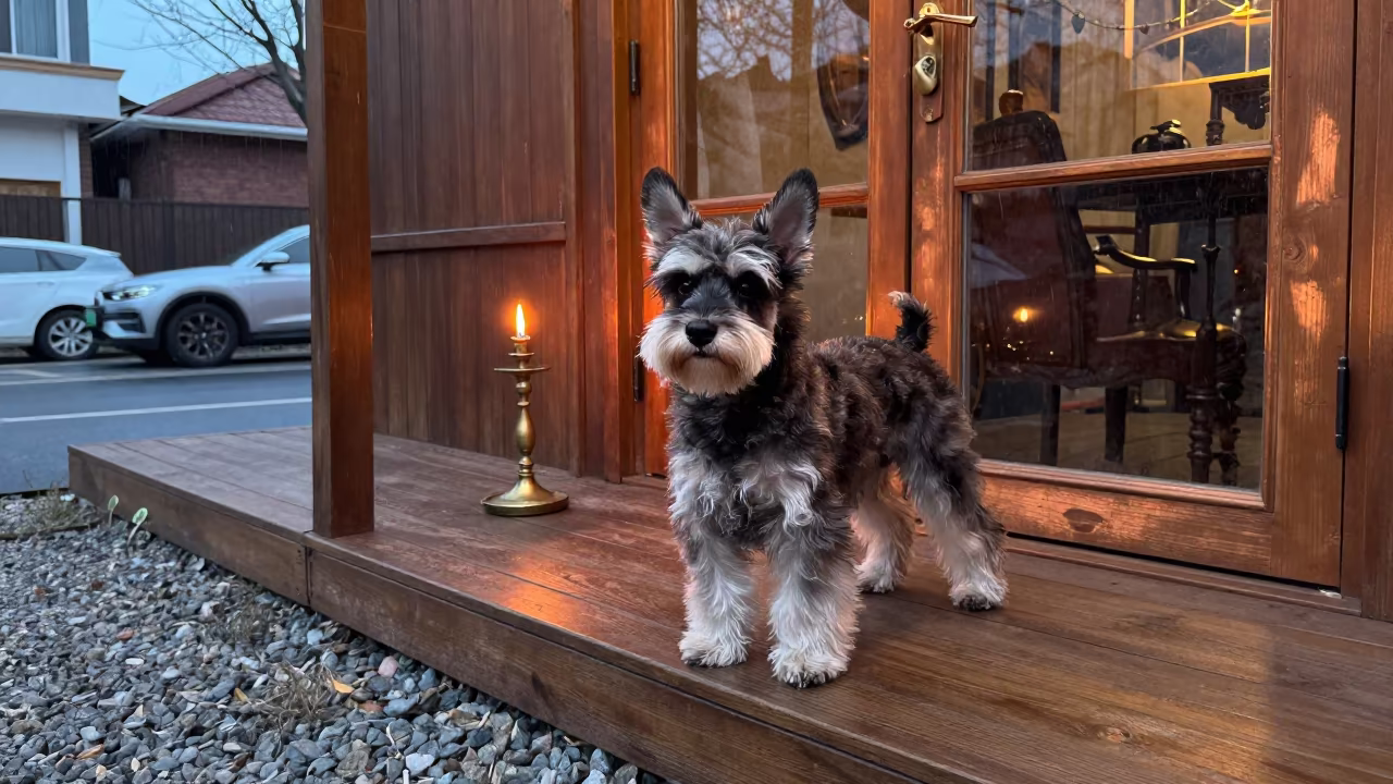 Small Munsterlander on Tianjin Porch at Dusk in on a shaded front porch with boards, railings, and eye-level framing in Tianjin