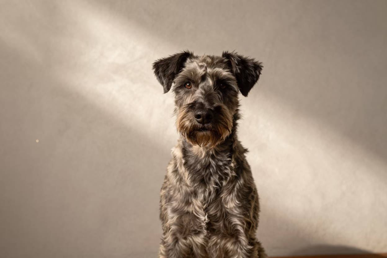 Small Munsterlander Portrait in Bamako Studio Light in in a quiet portrait studio with a plain backdrop and eye-level framing near Bamako