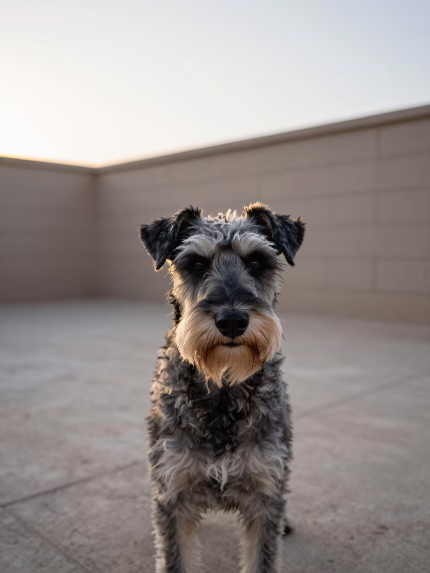 Small Munsterlander Portrait in Beni Suef Courtyard in beside a plain courtyard wall in clear daylight with the animal at eye level in Beni Suef