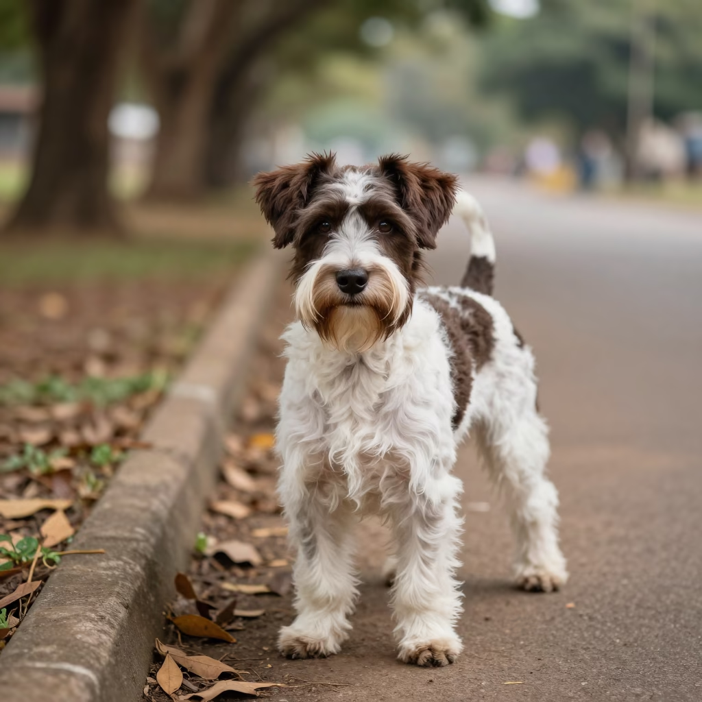 Small Munsterlander Portrait Korhogo Park Path in along a quiet park path with soft open shade and a clean background in Korhogo