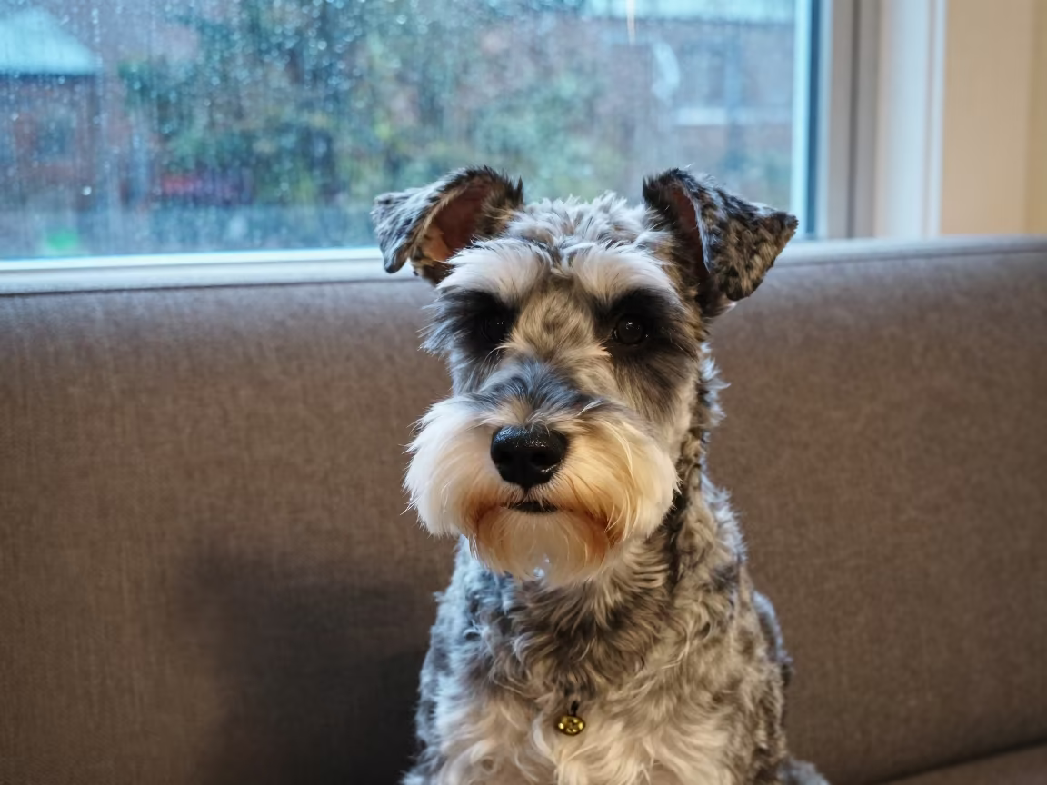 Small Munsterlander Portrait on Sofa in on a sofa near a curtained window with calm indoor light in Dodoma