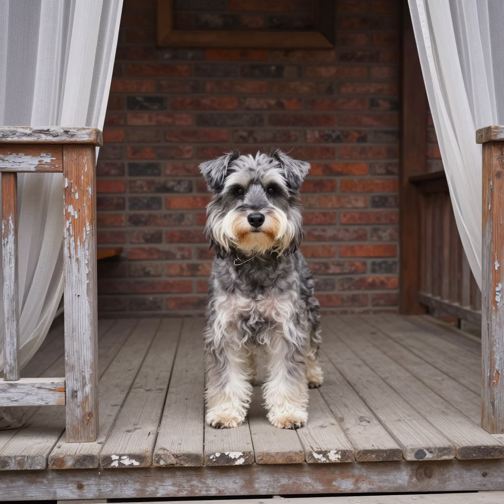 Small Munsterlander Portrait on Tianjin Porch in on a shaded front porch with boards, railings, and eye-level framing in Tianjin