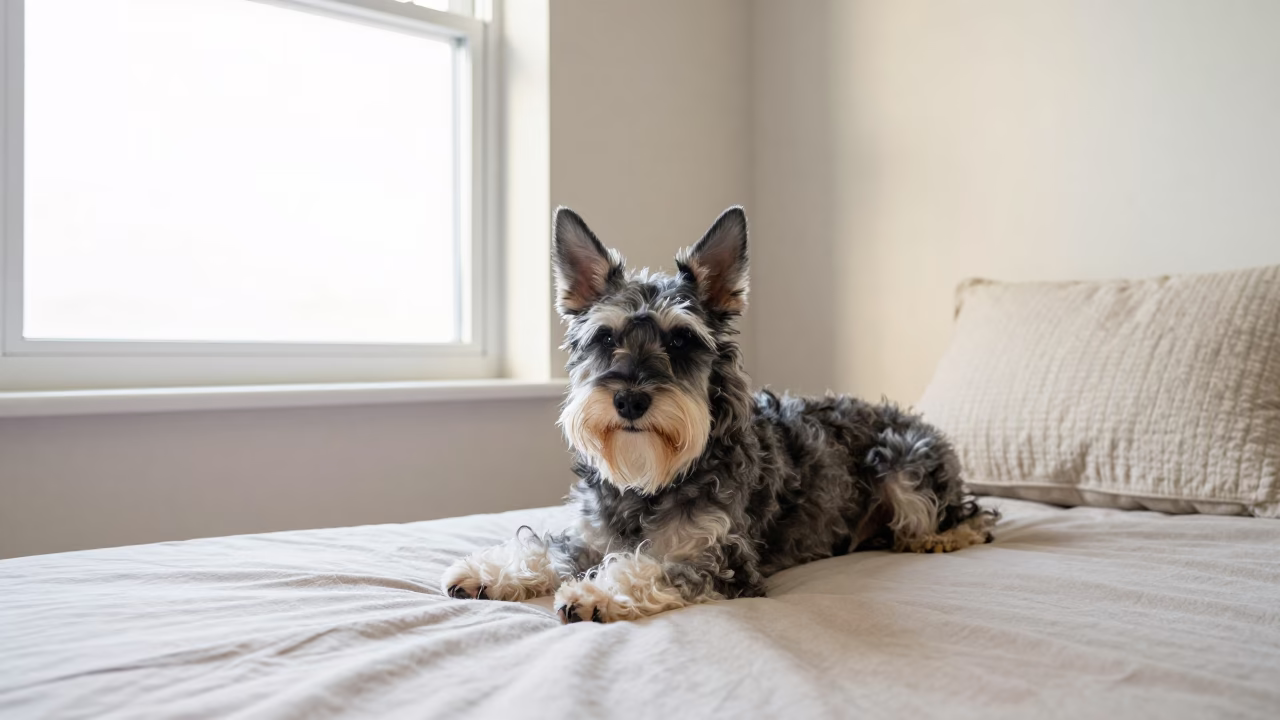 Small Munsterlander Resting on Bedspread Near Window in on a bedspread near a bright window with calm indoor light in Beijing