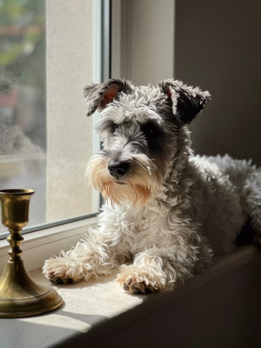 Small Munsterlander Resting on Pune Window Seat in on a window seat in a quiet apartment with soft side light in Pune
