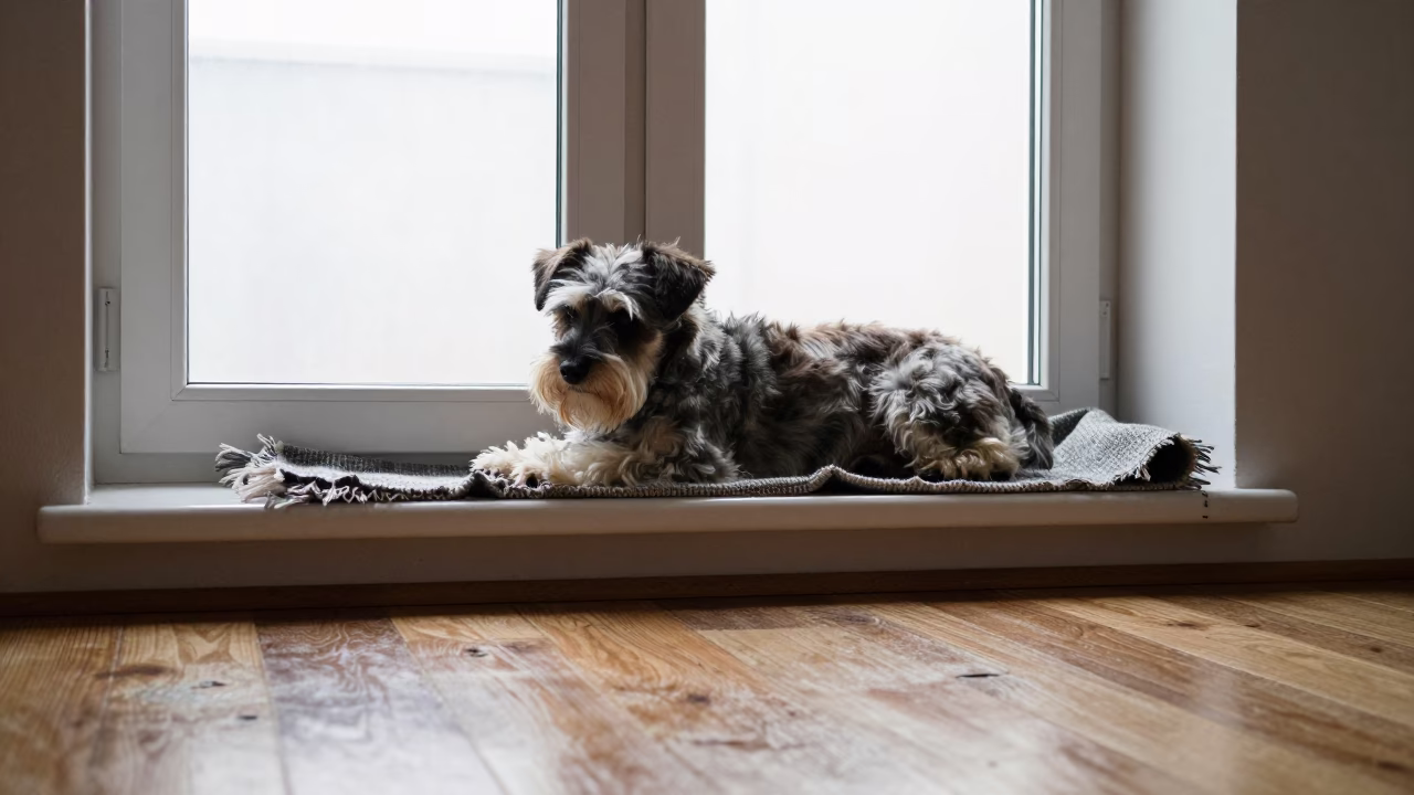 Small Munsterlander Resting on Window Seat in Bonn in on a window seat in a quiet apartment with soft side light in Bonn