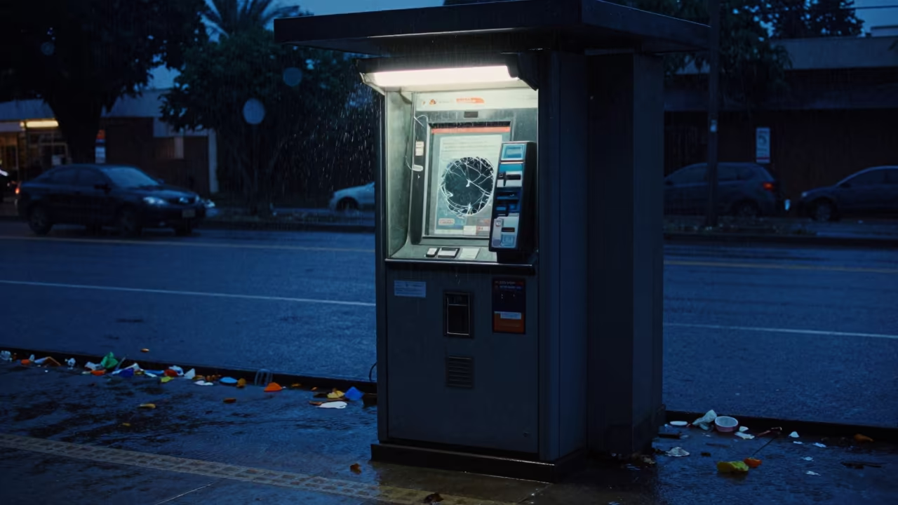 Smashed Pay Machine in Pointe-Noire Rain in by a rain-darkened kiosk in Pointe-Noire