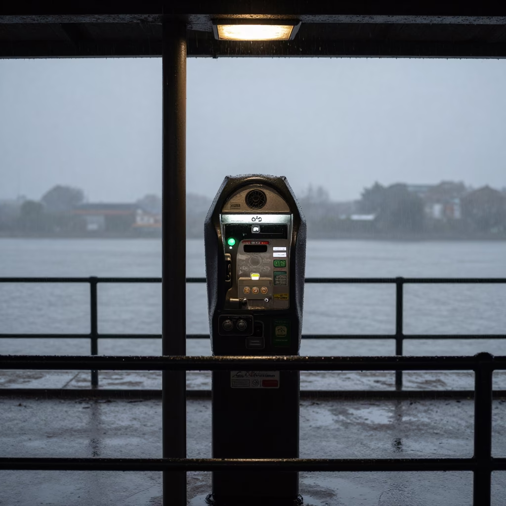 Smashed Pay Machine Silhouette in Waterloo Rain in beneath a flickering underpass light in Waterloo