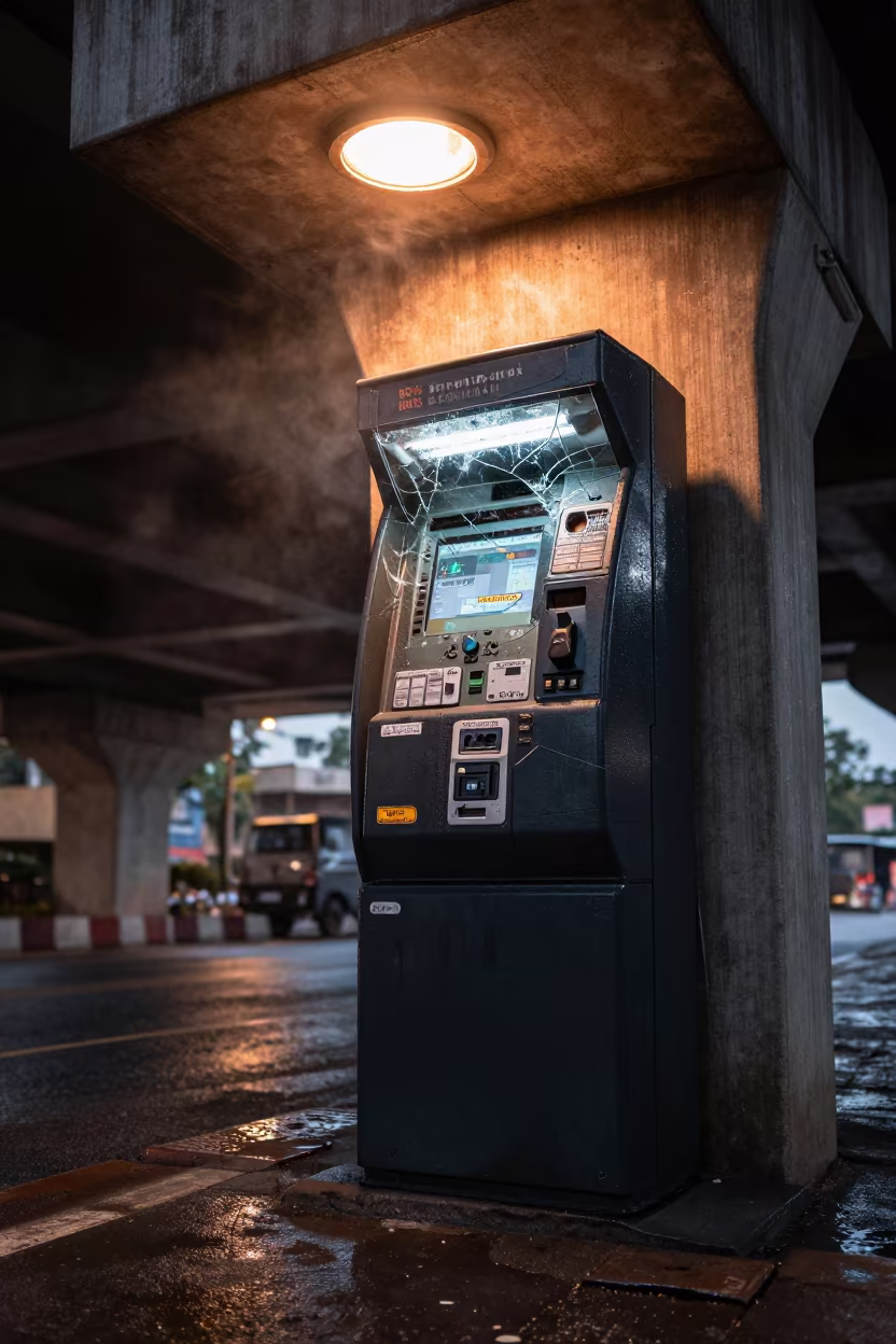 Smashed Pay Machine Under Flickering Light in beneath a flickering underpass light in Rahim Yar Khan