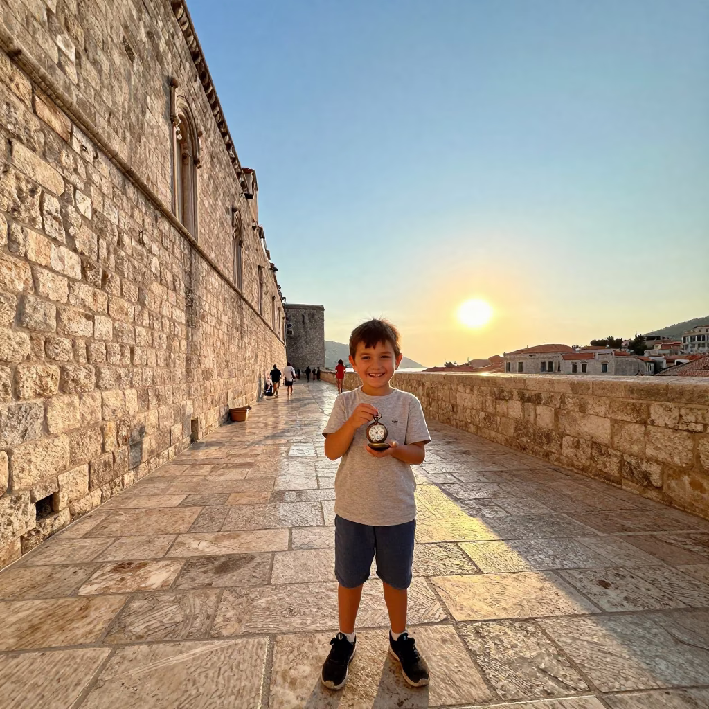 Smiling Child Holding Vintage Pocket Watch in Dubrovnik in in Dubrovnik, Croatia