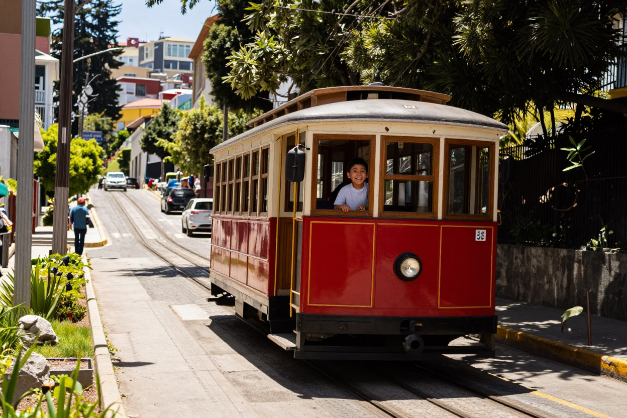 Smiling Child Riding An Old Trolley Car at Midday Light in Valparaiso in in Valparaiso, Chile