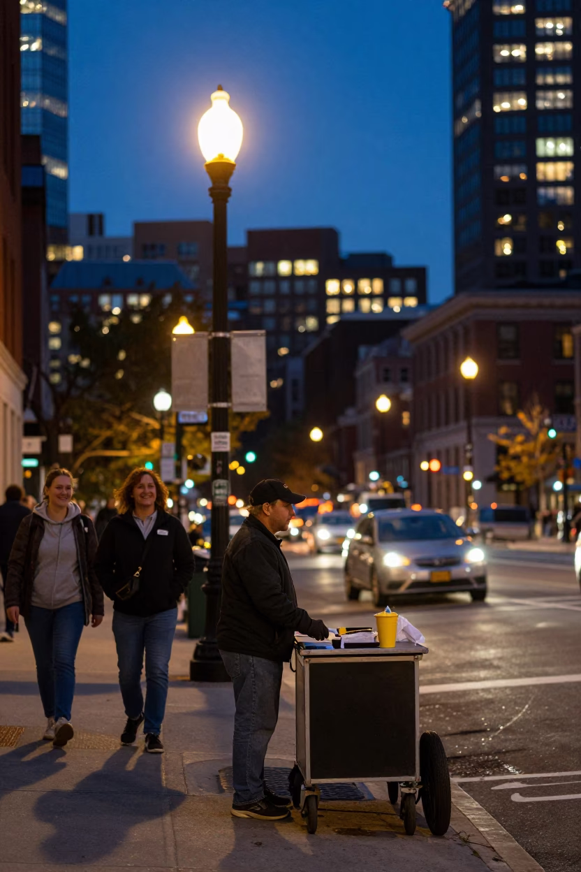 Smiling Commuters in Boston at As City Lights Begin To Glow in in Boston, Massachusetts, United States