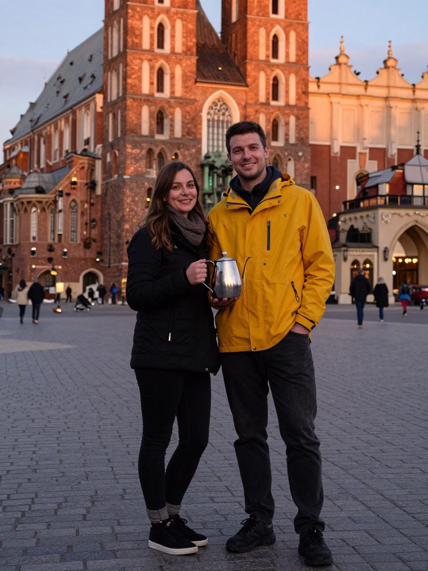 Smiling Couple at Copper-toned Light Before Dusk in Krakow in in Krakow, Poland