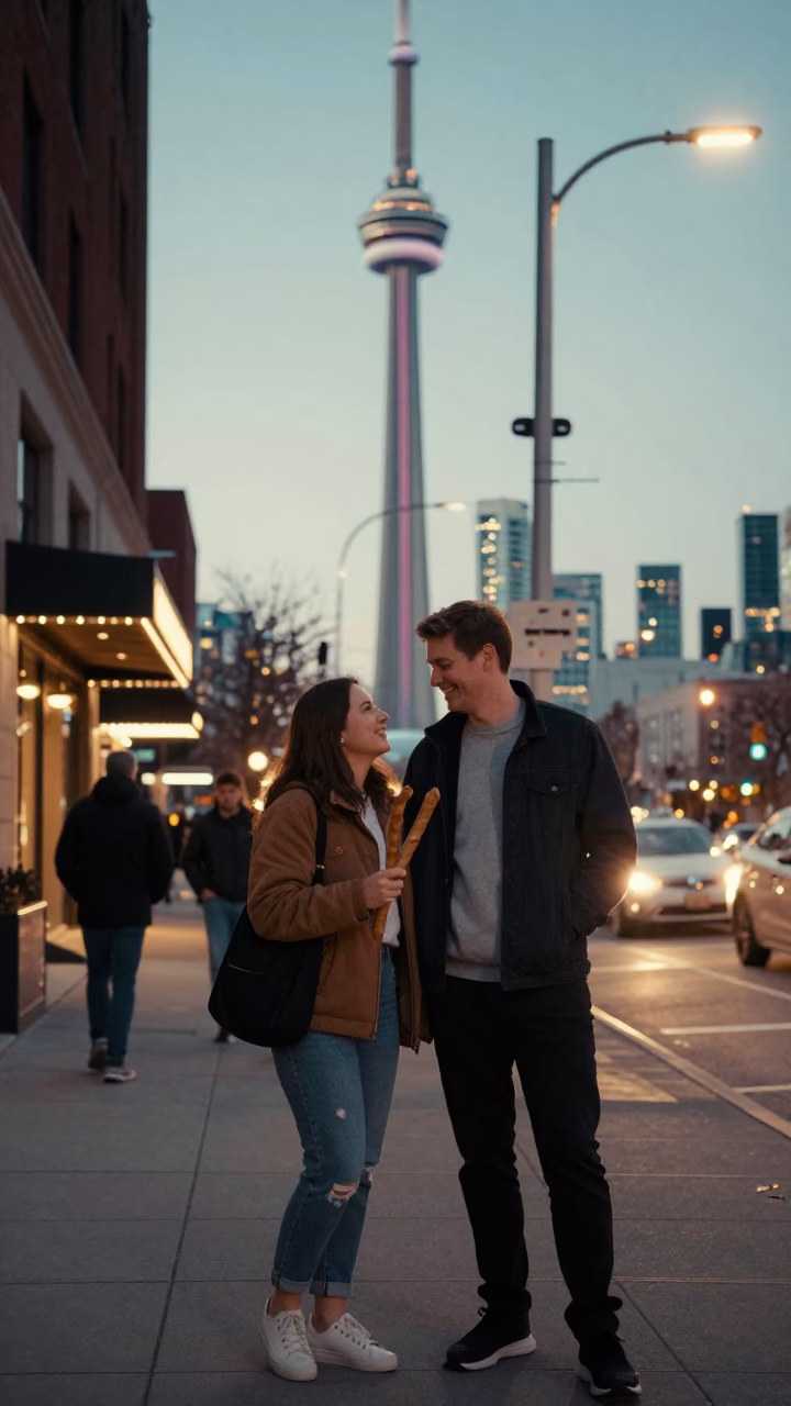 Smiling Couple Holding Baguettes Near CN Tower at Dusk in Toronto in in Toronto, Ontario, Canada