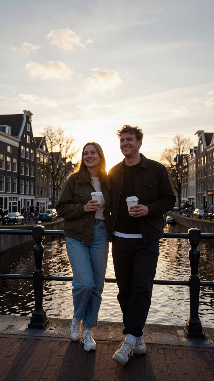 Smiling Couple in Amsterdam at Sunset Light in in Amsterdam, Netherlands