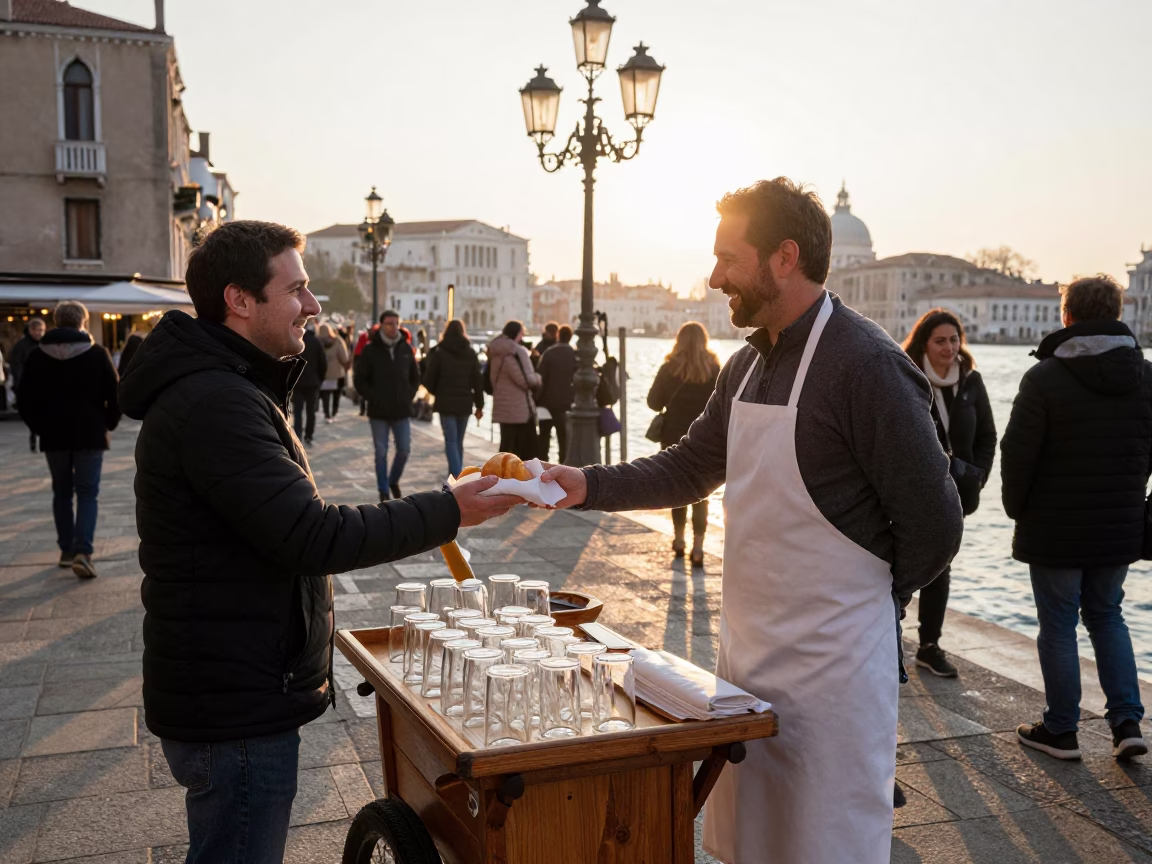 Smiling Customer just after sunrise in Venice in in Venice, Italy