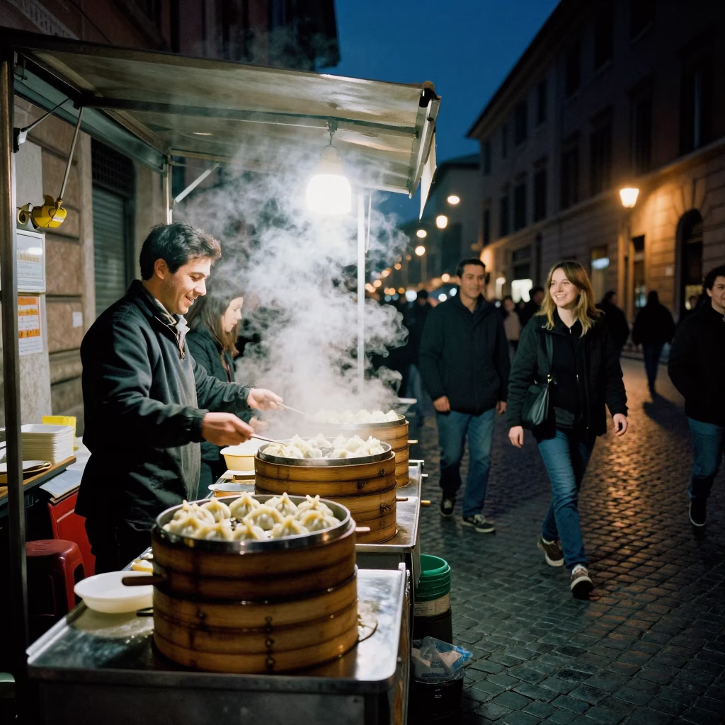 Smiling Customers in Rome at Midnight Light in in Rome, Italy