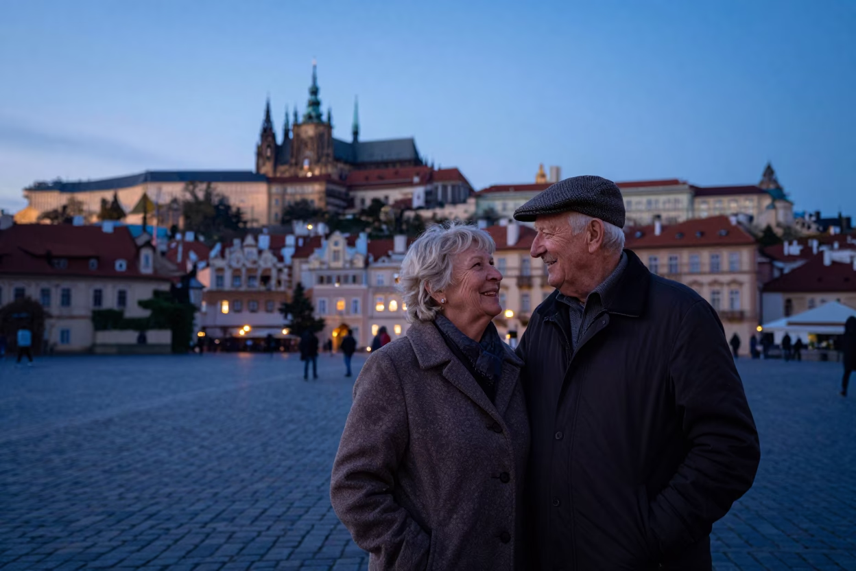 Smiling Elderly Couple During Indigo Twilight in Prague in in Prague, Czech Republic