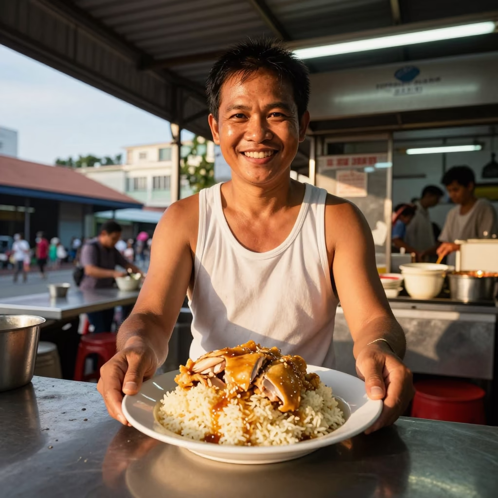 Smiling Hawker Centre Vendor Serving Chicken Rice in Singapore Evening Light in in Singapore, Singapore