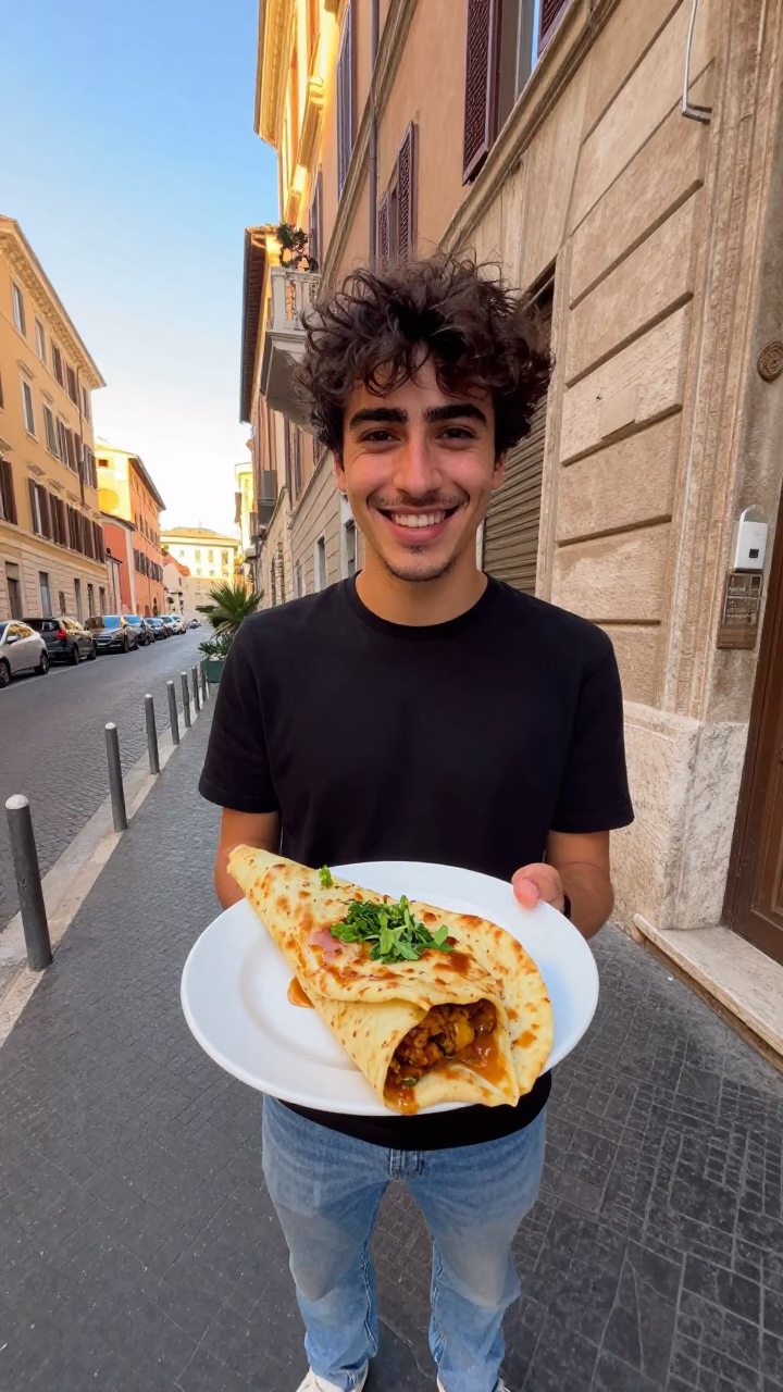 Smiling Local Enjoying A Plate Of Lahmacun in Rome in in Rome, Italy