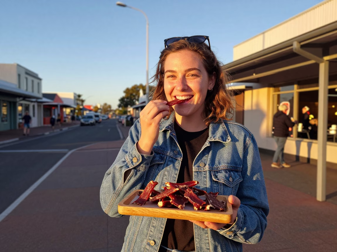 Smiling Local Enjoying Biltong And Droëwors at Golden Hour in Perth in in Perth, Western Australia, Australia