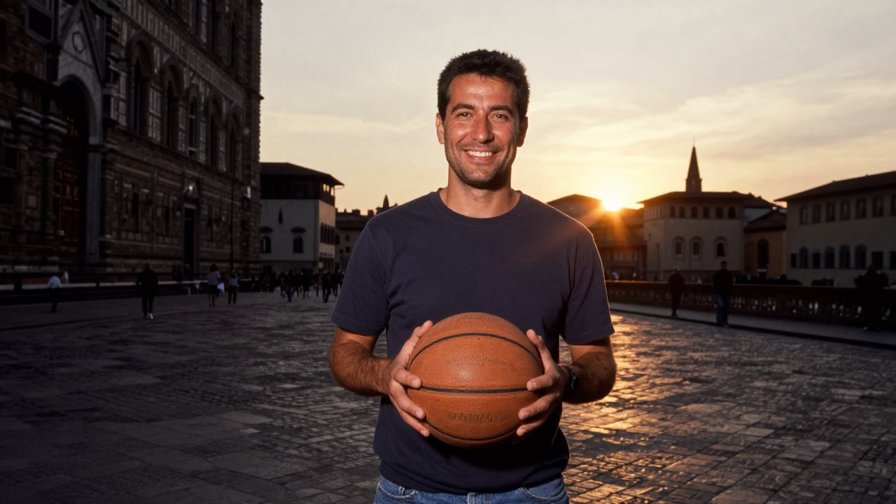 Smiling Local Man Holding An Old Leather Basketball in Florence in in Florence, Italy